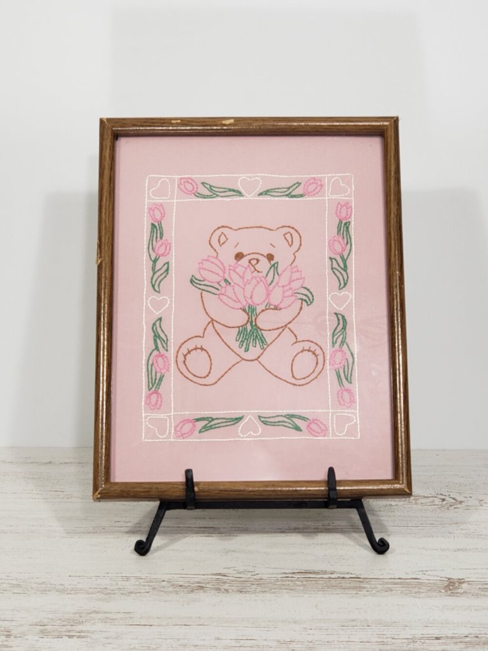 Handmade Framed Embroidered Bear Flowers Tulips nursery baby girls bedroom